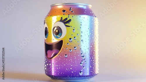 Cartoon soda can with a happy face and water droplets, vibrant colors