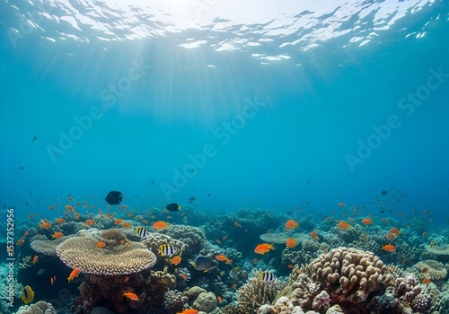 Underwater scene featuring vibrant coral reefs and diverse fish with sunlight penetrating the surface
