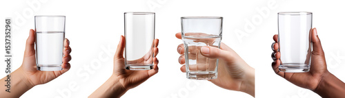 Collection of hands holding glasses of water, isolated on transparent background