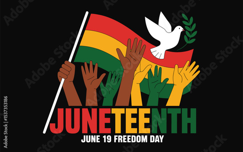 juneteenth celebration with diverse hands holding pan-african flag and dove symbolizing unity, freedom, peace, and cultural pride