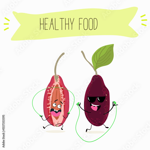 Cherry, fruit, dogwood, cornelian, cornus, characters. Vector hand drawn  illistration.