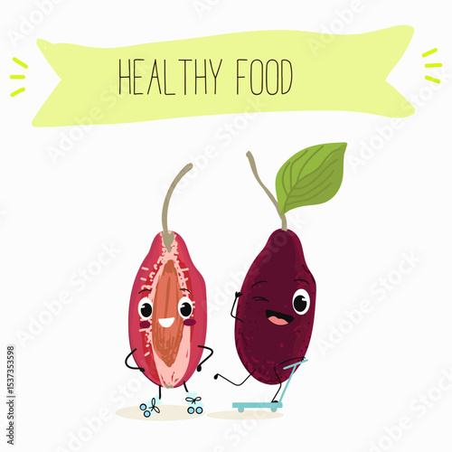Cherry, fruit, dogwood, cornelian, cornus, characters. Vector hand drawn  illistration.