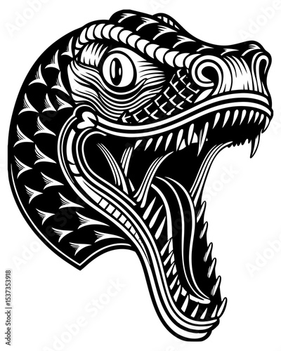 Dragon head with gaping jaws in vector style.