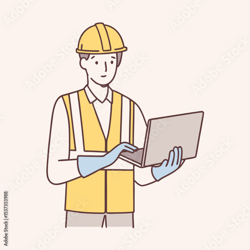 male engineer wearing a vest, glove, helmet for safe, He standing and smiling happily into the factory while his hand is holding the laptop  vector design illustrations