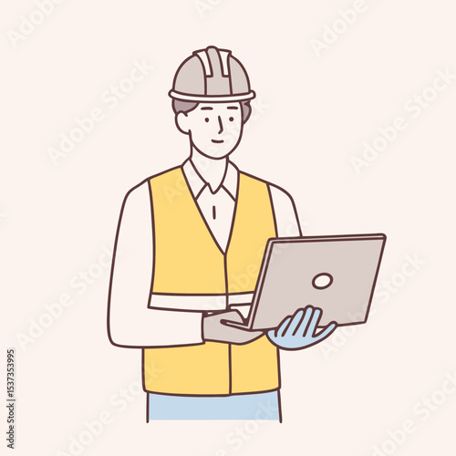 male engineer wearing a vest, glove, helmet for safe, He standing and smiling happily into the factory while his hand is holding the laptop  vector design illustrations