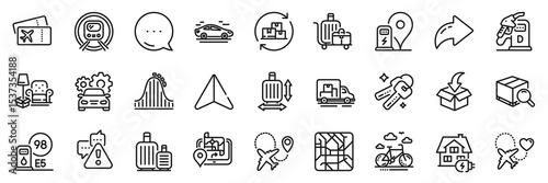 Airplane, Baggage cart and Warning line icons pack. Share, Message, Paper plane icons. Bike rental, Gps, Roller coaster web icon. Baggage size, Diesel station, Delivery change pictogram. Vector