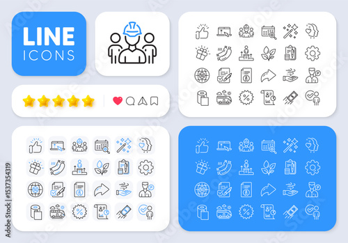 Voting ballot, Wind energy and Paper wallpaper line icons for web app. Message, Share, Like social media icons. Pack of Verification person, Plants watering, Gift pictogram icons. Vector