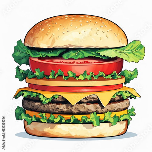 Realistic vector illustration of a juicy double cheeseburger with lettuce, tomato, cheddar cheese, two grilled beef patties, and sesame bun. Clean white background, isolated food concept.