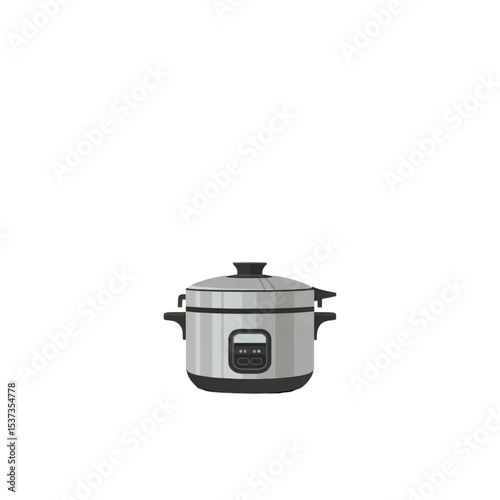 Vector illustration of a modern electric rice cooker in silver and black color, front-facing view, isolated on white background. Minimalist home kitchen appliance icon.