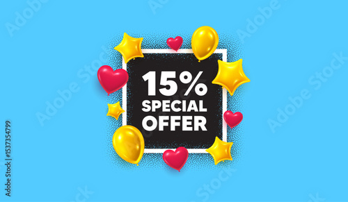 Discount photo frame banner. Square picture frame. 15 percent discount offer tag. Sale price promo sign. Special offer symbol. 3d balloons as hearts and stars. Vector