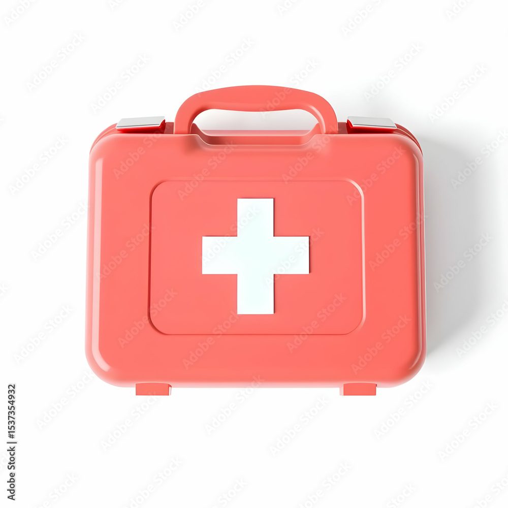 Obraz premium Red First Aid Kit Box with White Cross Medical Emergency Healthcare Safety Supplies