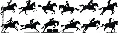 Diverse Horse and Rider Silhouettes, Capturing Various Equestrian Disciplines Including Jumping, Racing, and Trail Riding Action
