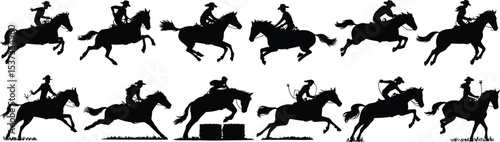 Diverse Collection of Horse and Rider Silhouettes, Showcasing Various Equestrian Activities Like Racing, Jumping, and Western Riding