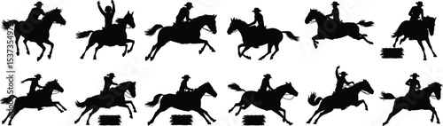 Dynamic Equestrian and Horse Silhouettes with Riders Jumping Over Obstacles, Illustrating Show Jumping, Horse Racing, and Sport Action