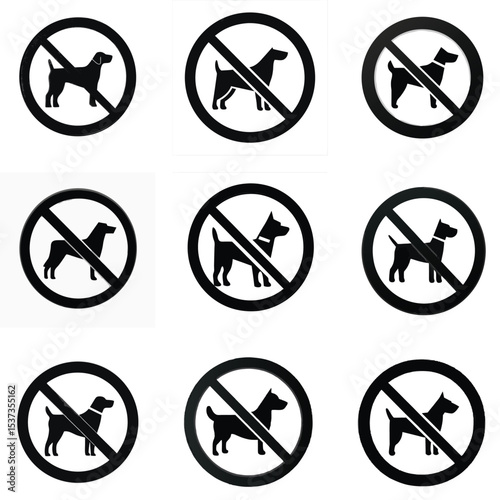 No Dogs Allowed Sign Collection, Black and White Prohibited Dog Symbols, Vector Pet Restriction Icons, No Pets Warning Labels, Forbidden Dog Entry Graphic Set
