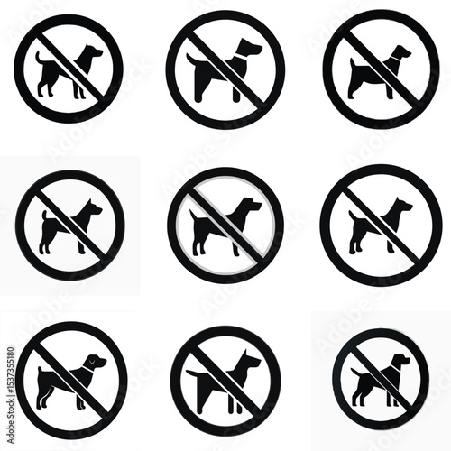 No Dogs Allowed Sign Collection, Black and White Prohibited Dog Symbols, Vector Pet Restriction Icons, No Pets Warning Labels, Forbidden Dog Entry Graphic Set
