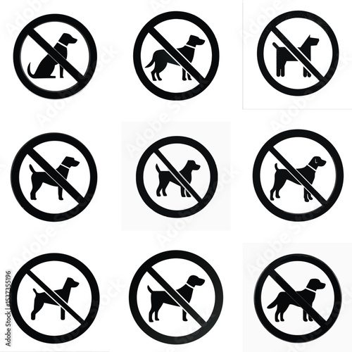 No Dogs Allowed Sign Collection, Black and White Prohibited Dog Symbols, Vector Pet Restriction Icons, No Pets Warning Labels, Forbidden Dog Entry Graphic Set
