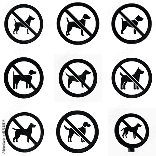 No Dogs Allowed Sign Collection, Black and White Prohibited Dog Symbols, Vector Pet Restriction Icons, No Pets Warning Labels, Forbidden Dog Entry Graphic Set
