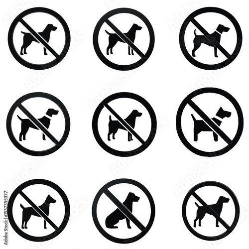 No Dogs Allowed Sign Collection, Black and White Prohibited Dog Symbols, Vector Pet Restriction Icons, No Pets Warning Labels, Forbidden Dog Entry Graphic Set
