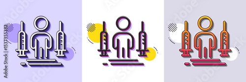 Coronavirus two injections line icon. Halftone dotted pattern. Gradient icon with grain shadow. Corona vaccine syringe sign. Covid jab symbol. Line coronavirus injections icon. Various designs. Vector
