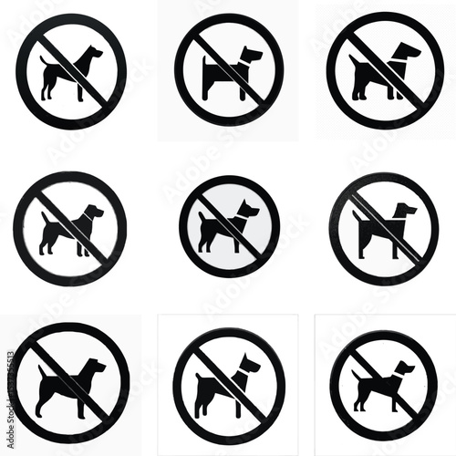 No Dogs Allowed Sign Collection, Black and White Prohibited Dog Symbols, Vector Pet Restriction Icons, No Pets Warning Labels, Forbidden Dog Entry Graphic Set
