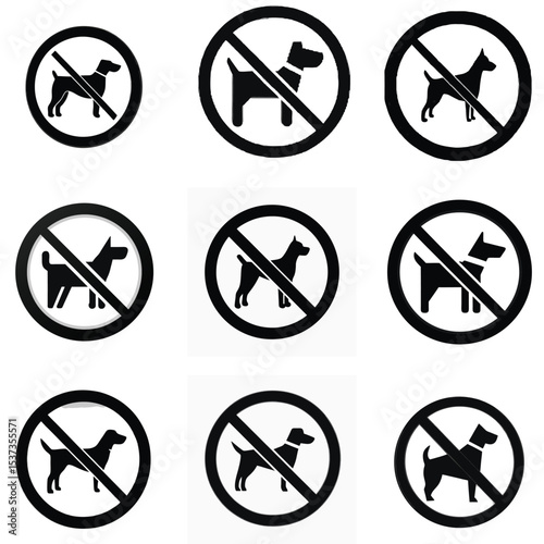No Dogs Allowed Sign Collection, Black and White Prohibited Dog Symbols, Vector Pet Restriction Icons, No Pets Warning Labels, Forbidden Dog Entry Graphic Set
