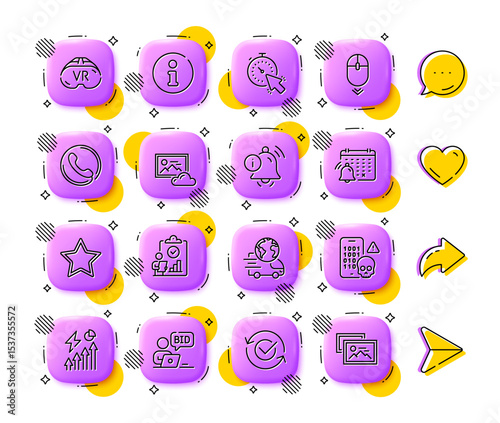 Cyber attack, Vr and Inspect line icons. App 3d buttons. Social media comment, share, like icons. Pack of Photo cloud, Scroll down, Information bell icon. Vector