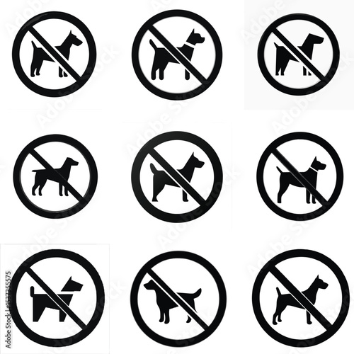 No Dogs Allowed Sign Collection, Black and White Prohibited Dog Symbols, Vector Pet Restriction Icons, No Pets Warning Labels, Forbidden Dog Entry Graphic Set

