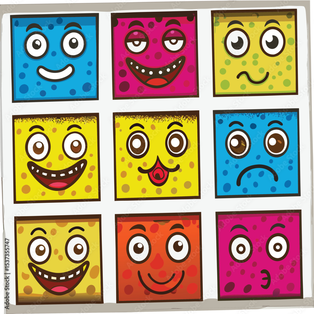 Obraz premium Colorful Cartoon Square Faces with Funny Expressions and Emotions