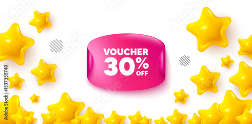 Coupon sticker stars banner. 3d stars background. Voucher 30 percent off sale. Special offer coupon sign. Black friday discount symbol. Winner sparkle banner. Promo background. Vector