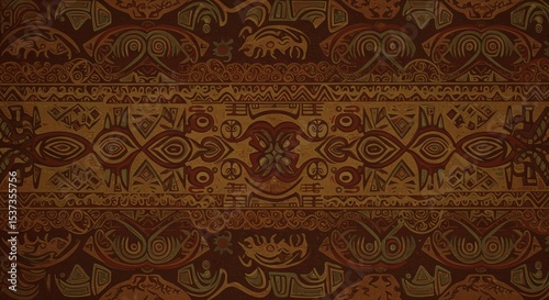 Ornate tribal background with complex patterns, textures, warm earthy tones, and primitive-inspired