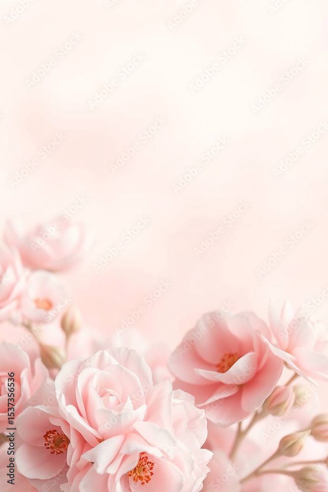 Fototapeta premium Beautiful pink roses on a soft pink background. Place for text.