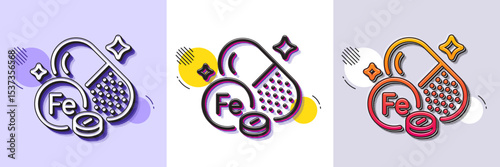 Iron line icon. Halftone dotted pattern. Gradient icon with grain shadow. Ferrum food nutrient sign. Capsule or pill supplement symbol. Line iron icon. Various designs. Vector