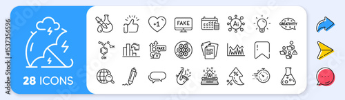 Chemical formula, Stress protection and Typewriter line icons. Interest rate, AI generate, Inflation icons. Pack of Decreasing graph, Fake news, Chemistry experiment icon. Vector