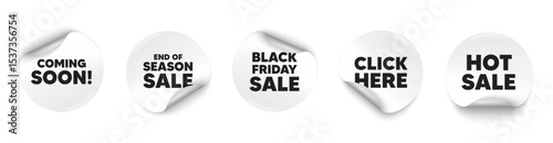 Coming soon sticker tag. Season sale, Black friday paper price banners. Coming soon tag. Promotion banner sign. New product release symbol. Click here sticker. Vector