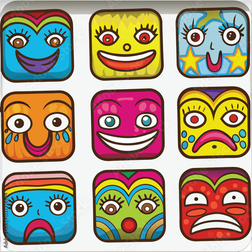 Wallpaper Mural Colorful Cartoon Square Faces with Funny Expressions and Emotions Torontodigital.ca