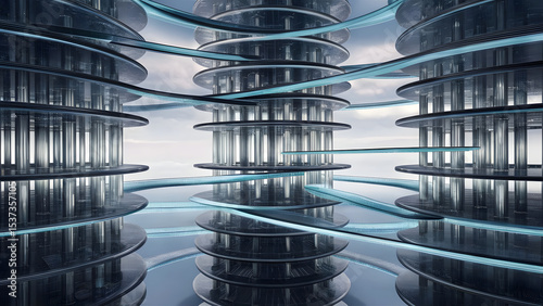 An abstract visualization of corporate hierarchy as layered glass towers connected by light bridges, symbolizing transparency and communication flow in large organizations