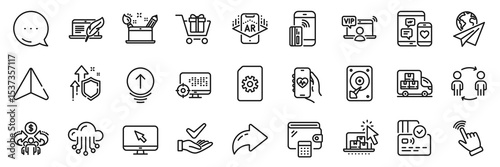 Internet, Contactless payment and Cursor line icons pack. Share, Message, Paper plane icons. Health app, Paper plane, Seo web icon. Vector