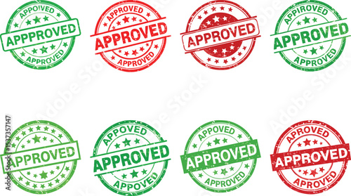Set of Green and Red Approved Rubber Stamps Icons with Grunge Texture for Business and Official Use
