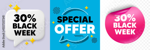 Black week speech bubble. 3d sparkles chat, Paper sticker. Black week 30 percent sale. Special discount sign. Black friday offer symbol. Special offer bubble. Halftone dots pattern. Vector