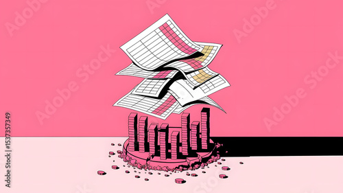 A symbolic economic crisis visualized as a collapsing tower of spreadsheets, with fragile columns made of bar charts and crumbling pie charts at the base