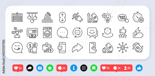 5g internet, Seo idea and Excise duty line icons pack. Social media: share, comment, like icons. Parking garage, Smile face, Smartphone repair web icon. Vector
