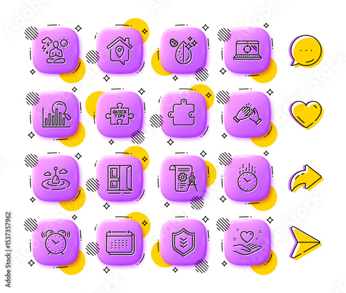 Alarm clock, Time and Clapping hands line icons. App 3d buttons. Social media comment, share, like icons. Pack of Open door, Yoga, Calendar icon. Work home, Puzzle, Dirty water pictogram. Vector