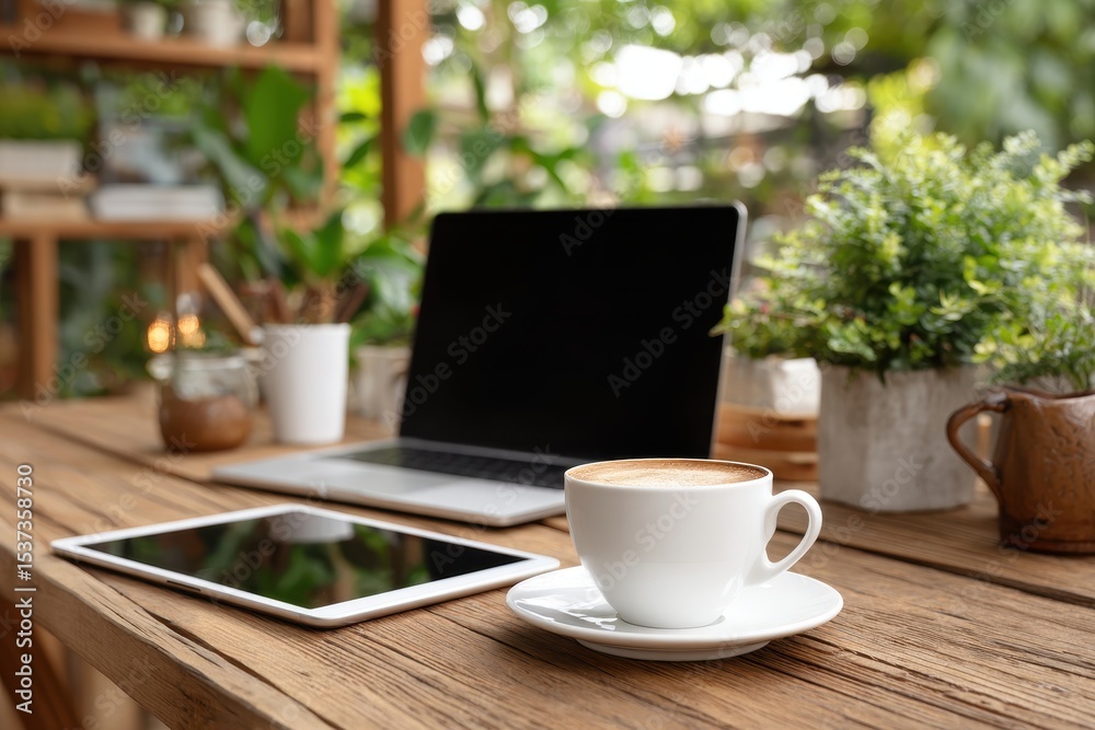 Morning coffee with laptop and tablet on a wooden desk in a bright and airy home office, creating a cozy workspace environment, with lush greenery in the background. Morning coffee with laptop and tablet on a wooden desk in a bright and airy home office, creating a cozy workspace environment, with lush greenery in the background.