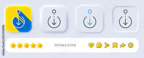 Scroll down arrow line icon. Neumorphic, Flat shadow, 3d buttons. Scrolling screen sign. Swipe page. Line scroll down icon. Social media icons. Vector