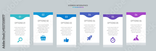 Horizontal progress bar featuring 6 arrow-shaped elements, symbolizing the six stages of business strategy and progression. Clean timeline infographic design template. Vector for presentation