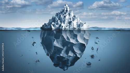 A layered iceberg model for unseen business risks, where the visible tip contains revenue and branding, while below the surface are hidden liabilities and ethical issues photo