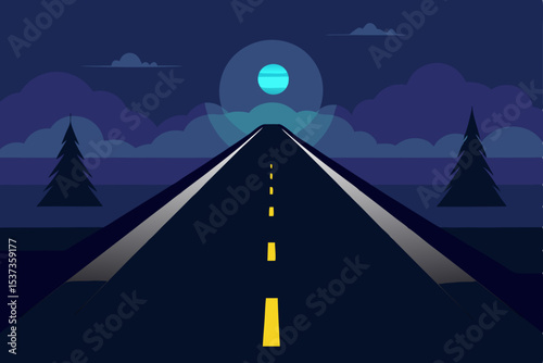 night road with glowing headlights