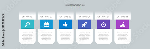 Horizontal progress bar featuring 6 arrow-shaped elements, symbolizing the six stages of business strategy and progression. Clean timeline infographic design template. Vector for presentation