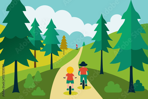  summer forest with kids biking on a trail road